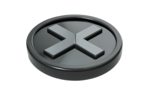 3D rendering of a glossy black circular button with an embossed metallic 'X' symbol, isolated on a transparent background. png