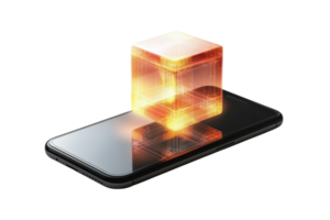 A glowing cube appears above a sleek smartphone, creating a luminous effect that highlights the device's surface. png