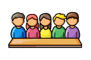 Five cartoon characters seated at a table, each wearing different colored shirts, with simple features. png