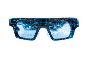 Futuristic digital glasses with glowing circuits display, showcasing advanced technology and augmented reality features. png