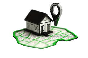 3D illustration of a house on a map with a location pin, symbolizing real estate and navigation concepts. png