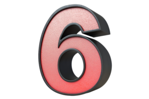 3D illustration of the number six in vibrant red color with a black border, isolated on a transparent background. perfect for numeral designs. png