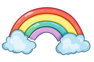 A colorful cartoon rainbow with vibrant arches, featuring fluffy clouds at each end, set against a transparent background. png