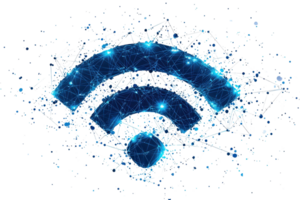 A glowing Wi-Fi symbol made of interconnected dots and lines, representing connectivity and technology. png