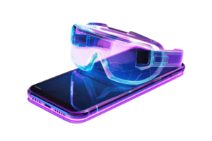 Futuristic glasses display vibrant colors, resting atop a sleek smartphone, merging technology and style. png