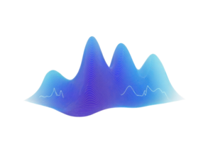 A gradient waveform graphic with blue and purple peaks, illustrating sound or data representation in a sleek and modern style. png