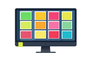 A computer monitor displaying a grid of colorful squares arranged in a vibrant pattern. png