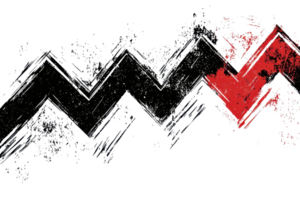 A bold, abstract design featuring zigzag patterns in dark tones with a striking red shape intersecting. png