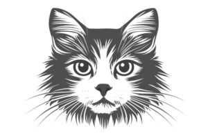 A detailed illustration of a cat's face, featuring prominent eyes and whiskers, showcasing intricate fur textures. png