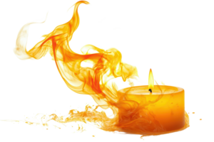 A beautifully lit aromatic candle with a vibrant flame, creating a cozy and warm ambiance. Perfect for relaxation and meditation settings. png