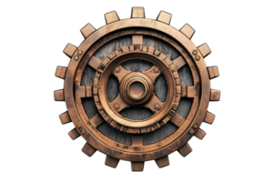 A large, intricately designed cogwheel with a metallic finish, featuring multiple teeth and a central circular hub. png