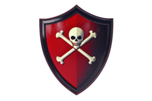 A bold, red medieval shield with a menacing skull and crossbones emblem, symbolizing danger and protection, set against a plain background. png