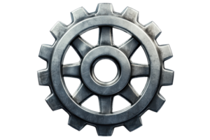 A metallic gear with prominent teeth, designed for mechanical applications, showcasing a circular structure and central hole. png