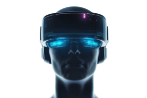 A futuristic human figure wearing advanced virtual reality goggles, featuring illuminated elements that suggest a digital environment. png