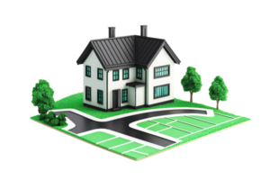 3D rendering of a modern suburban house with surrounding greenery and pathways, showcasing architectural design and residential style. png