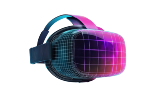 A sleek virtual reality headset with a digital grid design, featuring vibrant colors that suggest advanced technology and immersive experiences. png