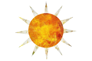 A stylized illustration of the sun featuring a bright yellow orb surrounded by pointed rays, symbolizing warmth and illumination. png