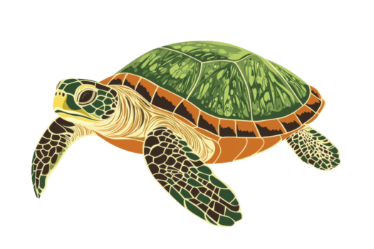 A colorful illustration of a turtle swimming, showcasing its distinctive shell patterns and aquatic features. png