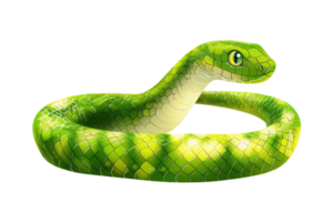 A vibrant green snake with distinctive patterns, coiled and poised, showcasing its glossy scales and expressive eyes. png