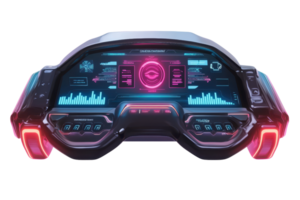 A futuristic control panel featuring vibrant displays, buttons, and digital interfaces designed for advanced technology. png