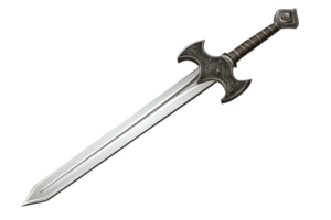 A medieval sword with a gleaming blade and intricate hilt design on a transparent background. symbolizing power and historical craftsmanship. png