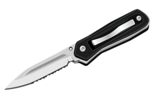 A detailed illustration of a foldable pocket knife with a sleek black handle and shiny metal blade. Ideal for camping or survival enthusiasts. png