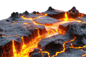 A close-up of molten lava flowing through cracked earth, creating a stunning and vibrant landscape of fiery textures and dynamic patterns. png