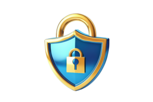 A shiny blue and gold padlock shield representing security and protection. Ideal for cybersecurity, privacy, and safety concepts. png