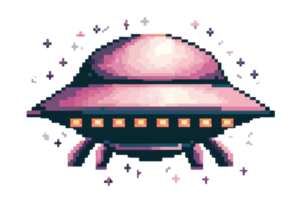 A pixel art style alien UFO surrounded by sparkling lights, evoking a retro game vibe and extraterrestrial themes. png