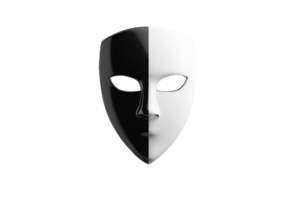 A striking half white and half black mask symbolizes duality and contrast, standing out against a stark transparent background. png