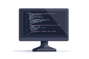A sleek computer monitor displaying colorful code on a transparent background. symbolizing technology and programming in a digital workspace. png