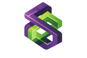 Abstract 3D geometric logo with interlocking purple and green shapes, representing modern design and creativity, perfect for branding use. png