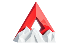 Abstract 3D rendering of a red triangular prism with geometric white mountain shapes, isolated on a transparent background. png