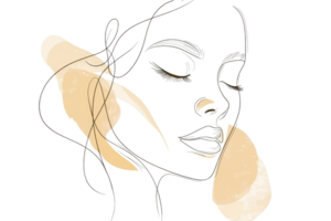 Abstract line drawing of a woman's face with soft peach tones, highlighting delicate features in a minimalist artistic style. png