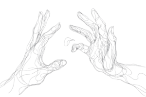 Abstract line drawing of two hands reaching toward each other, representing connection, creativity, and artistic expression. png