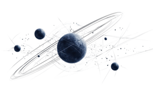 Abstract digital illustration of a futuristic planet with orbiting spheres and rings, showcasing a cosmic galaxy theme. png
