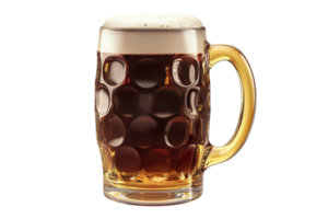 A frothy glass of dark beer served in a traditional mug, showcasing rich color and inviting texture against a plain background. png