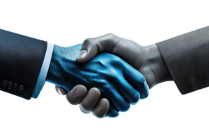 A striking image of two hands in a handshake, symbolizing cooperation and diversity, with one hand appearing digitally enhanced in blue. png