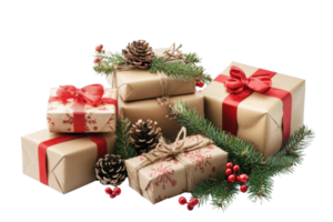 A festive arrangement of wrapped holiday gifts adorned with bows, pine cones, and evergreen branches, perfect for Christmas celebrations. png