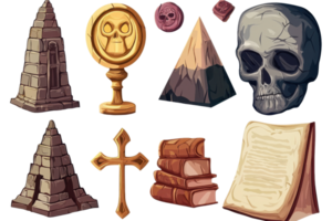 A set of ancient, mystical artifacts including pyramids, skull, cross, and books, ideal for themes of mystery, history, and adventure. png