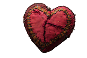 A patched fabric heart symbolizes resilience and healing, showcasing intricate needlework and rich textures against a dark background. png