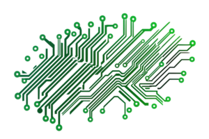 Abstract depiction of a green digital brain circuit symbolizing artificial intelligence and neural networks in a tech-inspired design. png