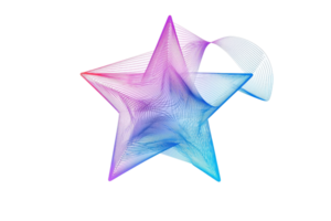 A vibrant three-dimensional star design with swirling abstract patterns in purple and blue, set against a transparent background. png