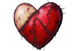 A rustic, stitched heart symbolizes resilience and healing. Its vibrant red color contrasts with the worn textures, creating visual intrigue. png