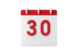A digital image of a calendar icon displaying the number 30, with a red border and transparent background. symbolizing a date or event. png