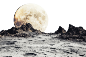 A stunning view of the moon's rocky surface with a large full moon in the background, highlighting the craters and rugged terrain. png