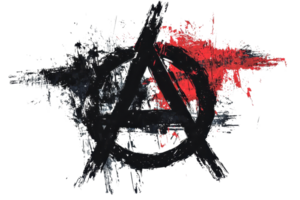 Abstract anarchy symbol with bold paint splatters in black and red, embodying rebellious spirit and counterculture expression. png