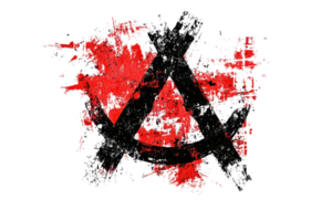 Abstract artistic depiction of a red chaotic background with a central black anarchy symbol, conveying rebellion and nonconformity. png