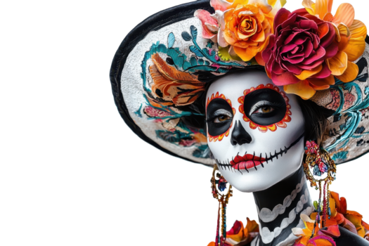 ein beschwingt Bild von ein Frau mit Tag von das tot bilden und bunt Blumen im ihr Hut, feiern dia de los Muertos. png