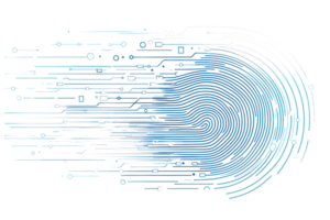 Abstract digital swirl composed of blue lines and binary code elements, symbolizing technology, data flow, and connectivity in a dynamic design. png